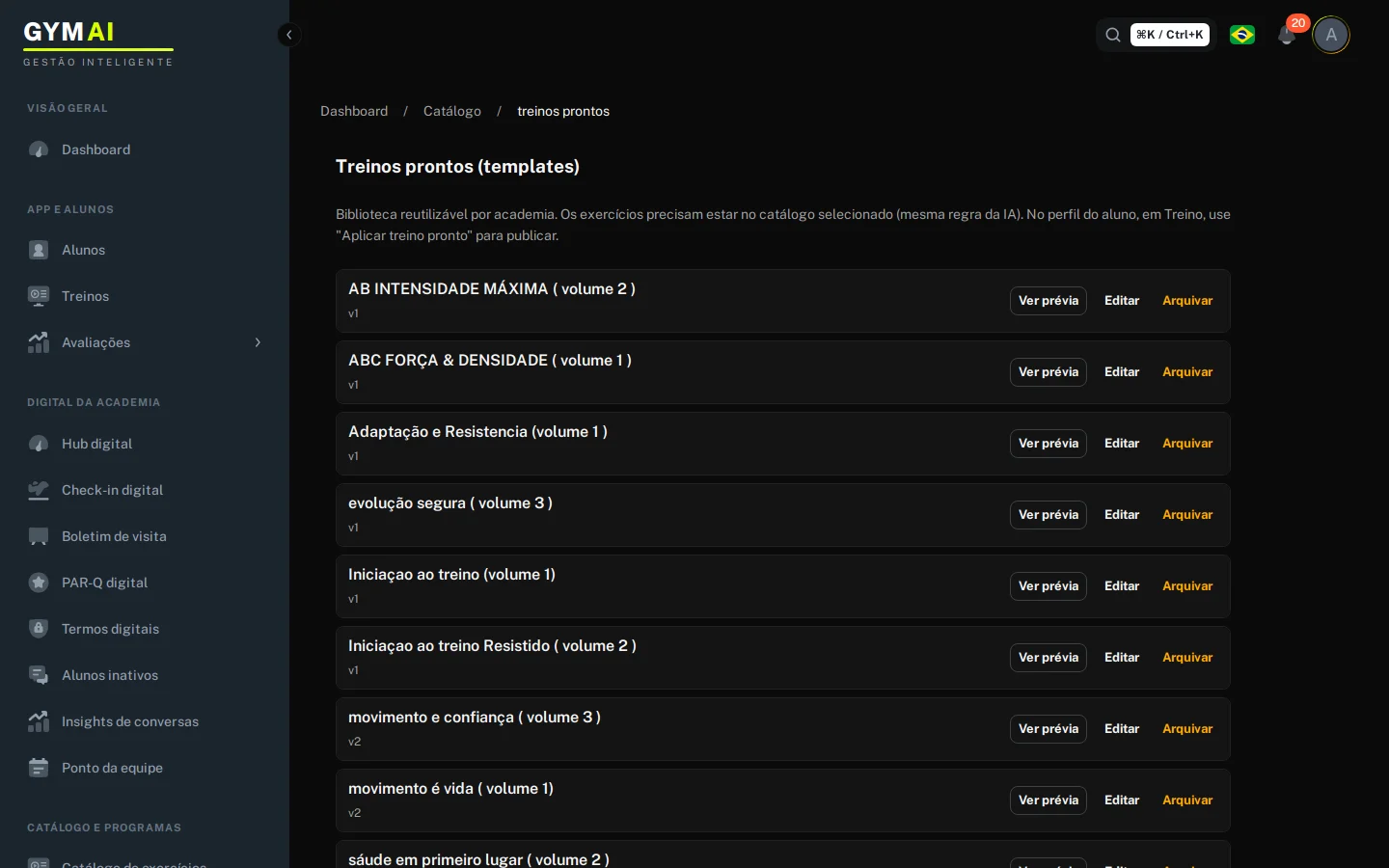 Treinos prontos vinculados aos pacotes.