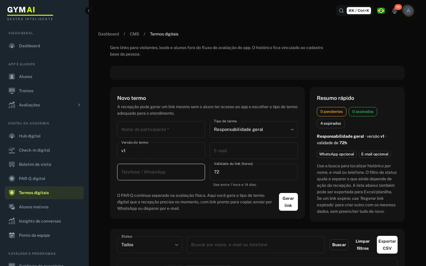 Termos e consentimentos digitais no CMS do Gym AI.