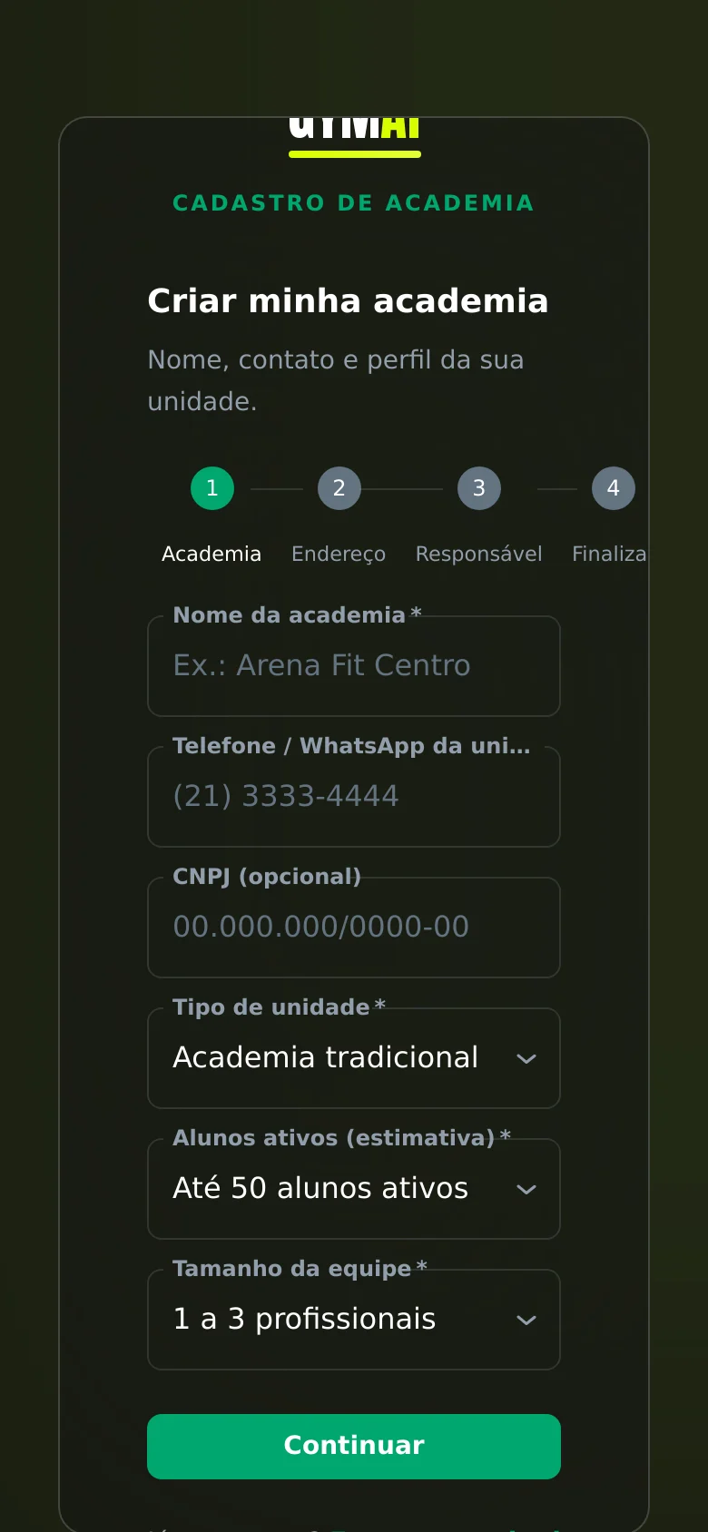 Gym AI — cadastro da academia no site (fluxo público)