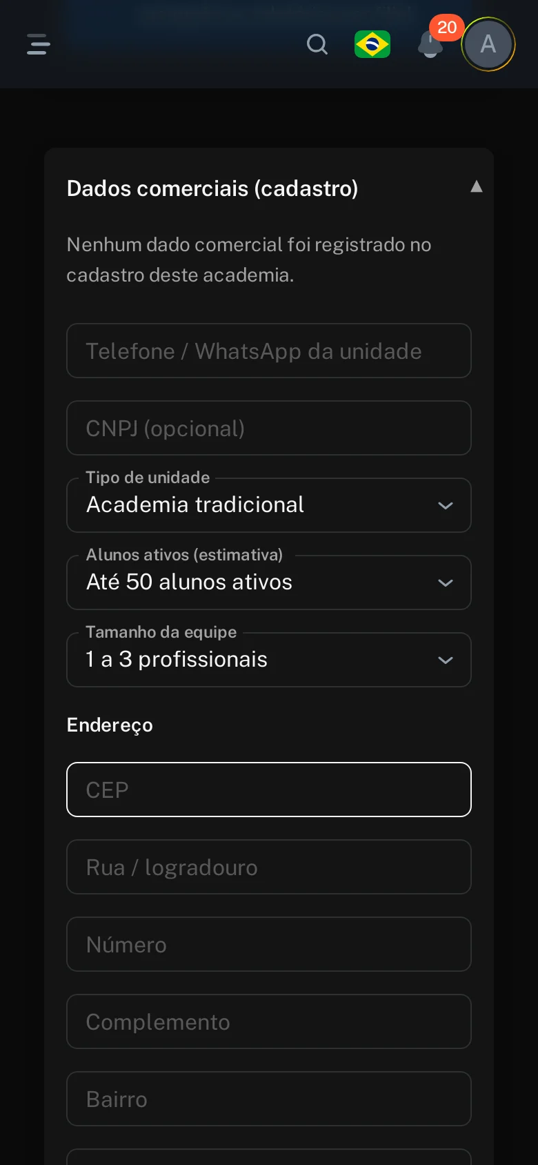 Gym AI — configurações da unidade no painel web do admin