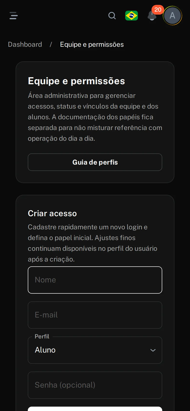 Gym AI — criar novo usuário (acesso) no painel web — Equipe e permissões