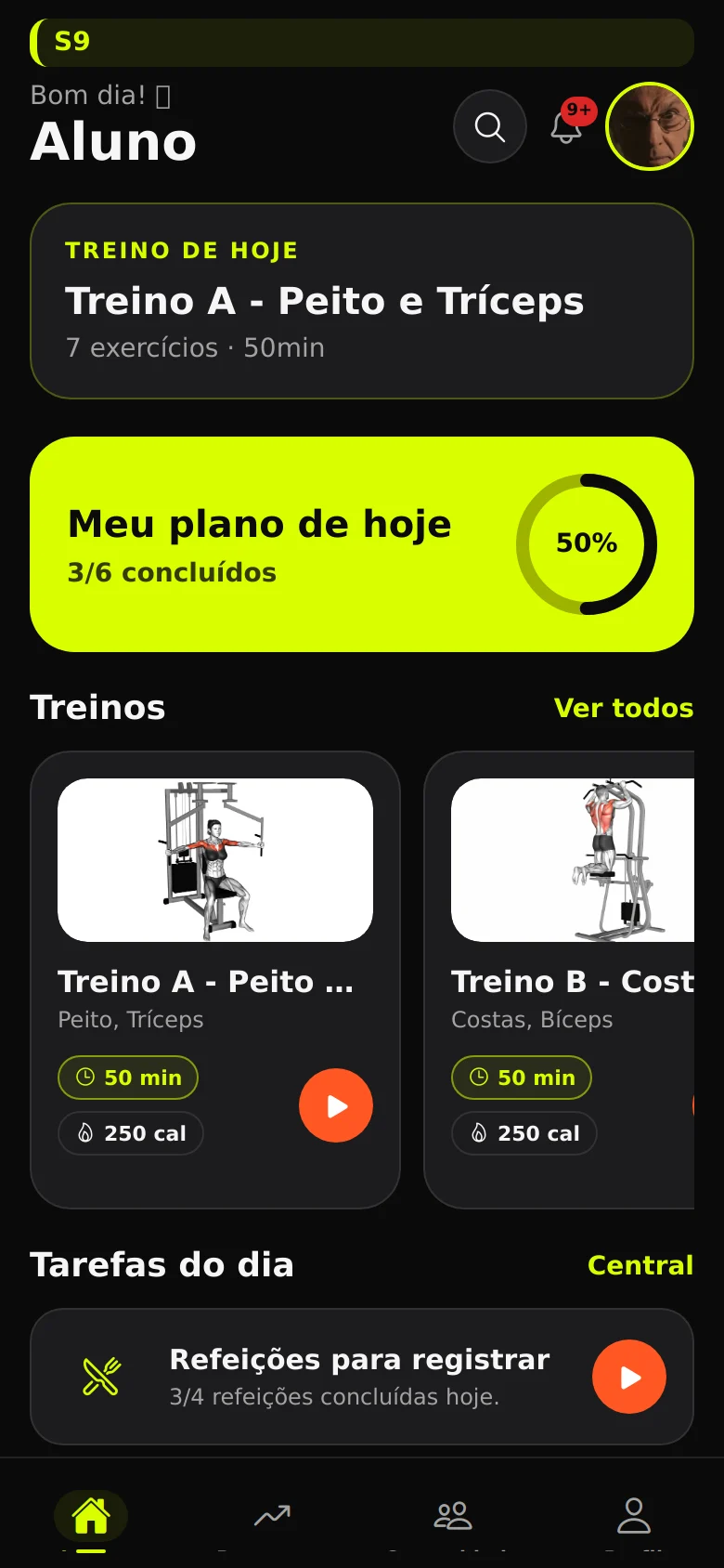 Tela inicial do app do aluno.