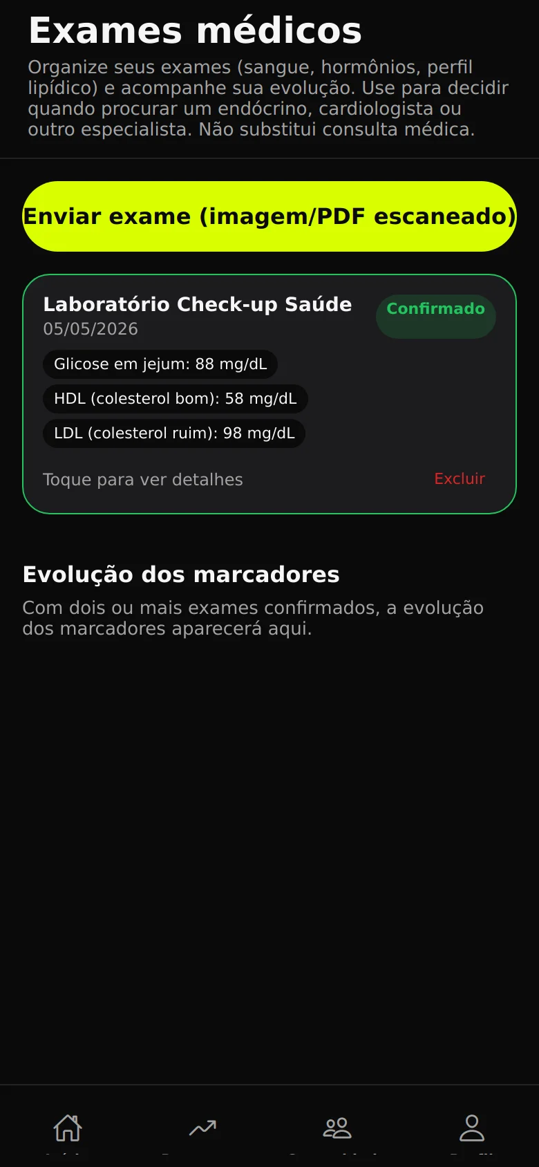 Exames médicos organizados no app do aluno.