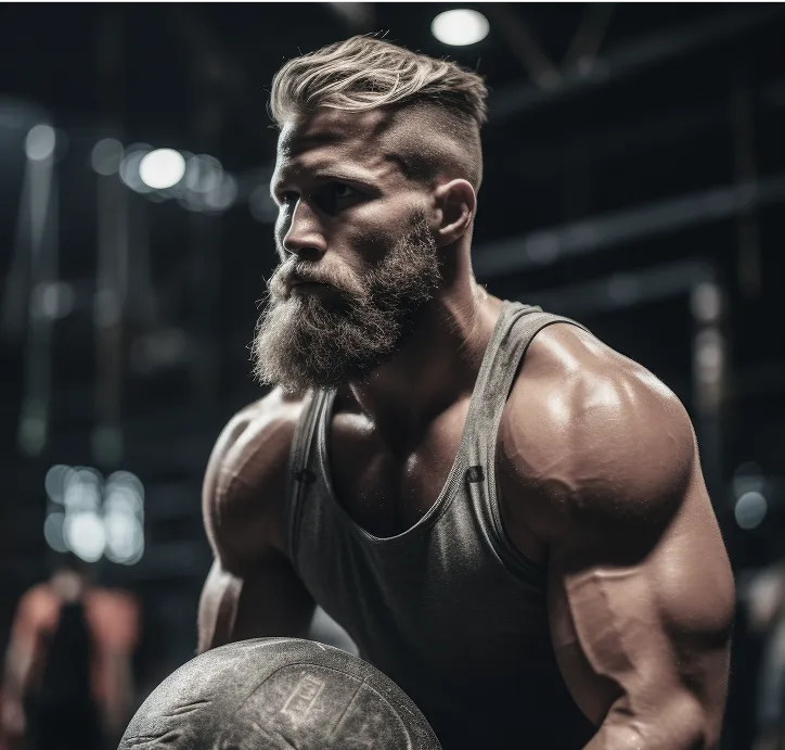 Homem musculoso levantando peso na academia.